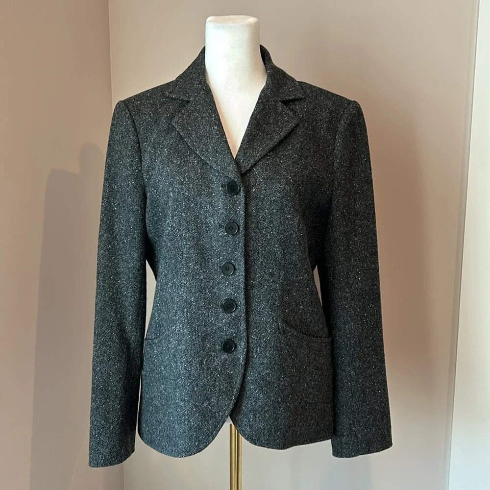 Theory Dark Gray Wool Tweed Button Front Blazer Jacket Lined Size 10 - Picture 10 of 10